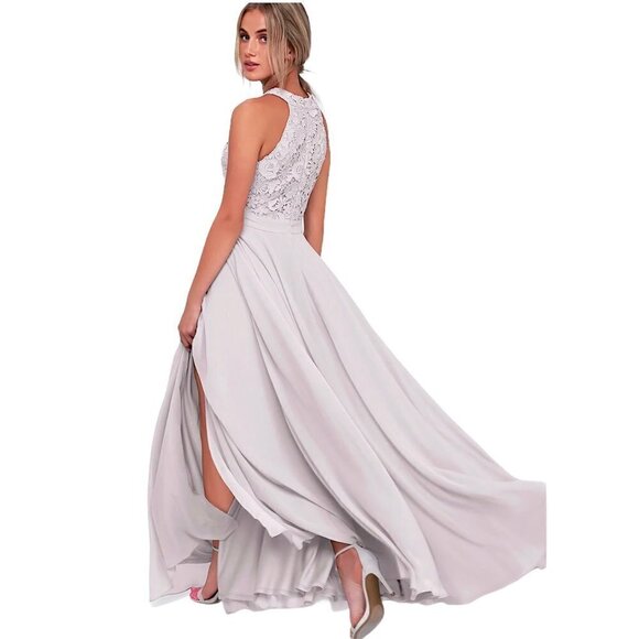 NWT LULUS Love Poem Gray Halter Gown Crocheted Lace Bodice - Picture 3 of 11